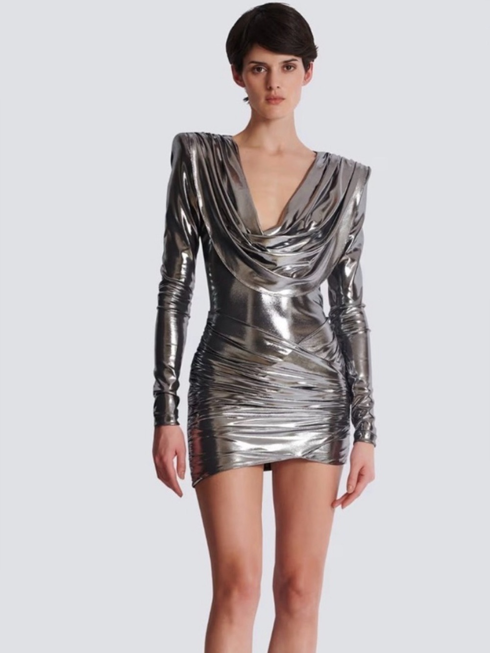 Balmain cowl-neck lamé mini dress 34